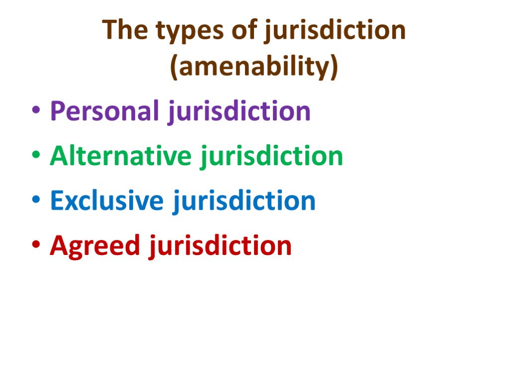 The types of jurisdiction (amenability) Personal jurisdiction Alternative jurisdiction Exclusive jurisdiction Agreed jurisdiction